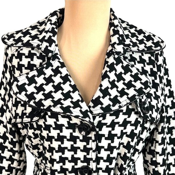 Me Jane Houndstooth Trench Coat Jacket Size S Wool Blend Black White - Picture 3 of 10